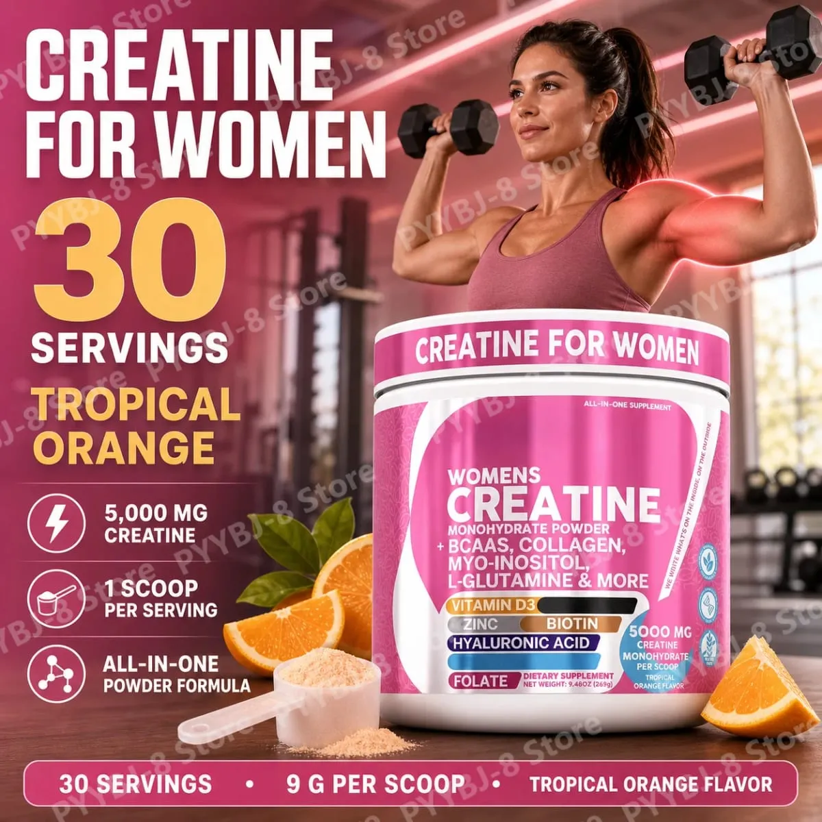 ผู้หญิง Creatine Monohydrate Powder 5000mg BCAA Multi-Collagen Biotin วิตามิน D3 Tropical Orange กีฬาโภชนาการ 30 เสิร์ฟ — image 2