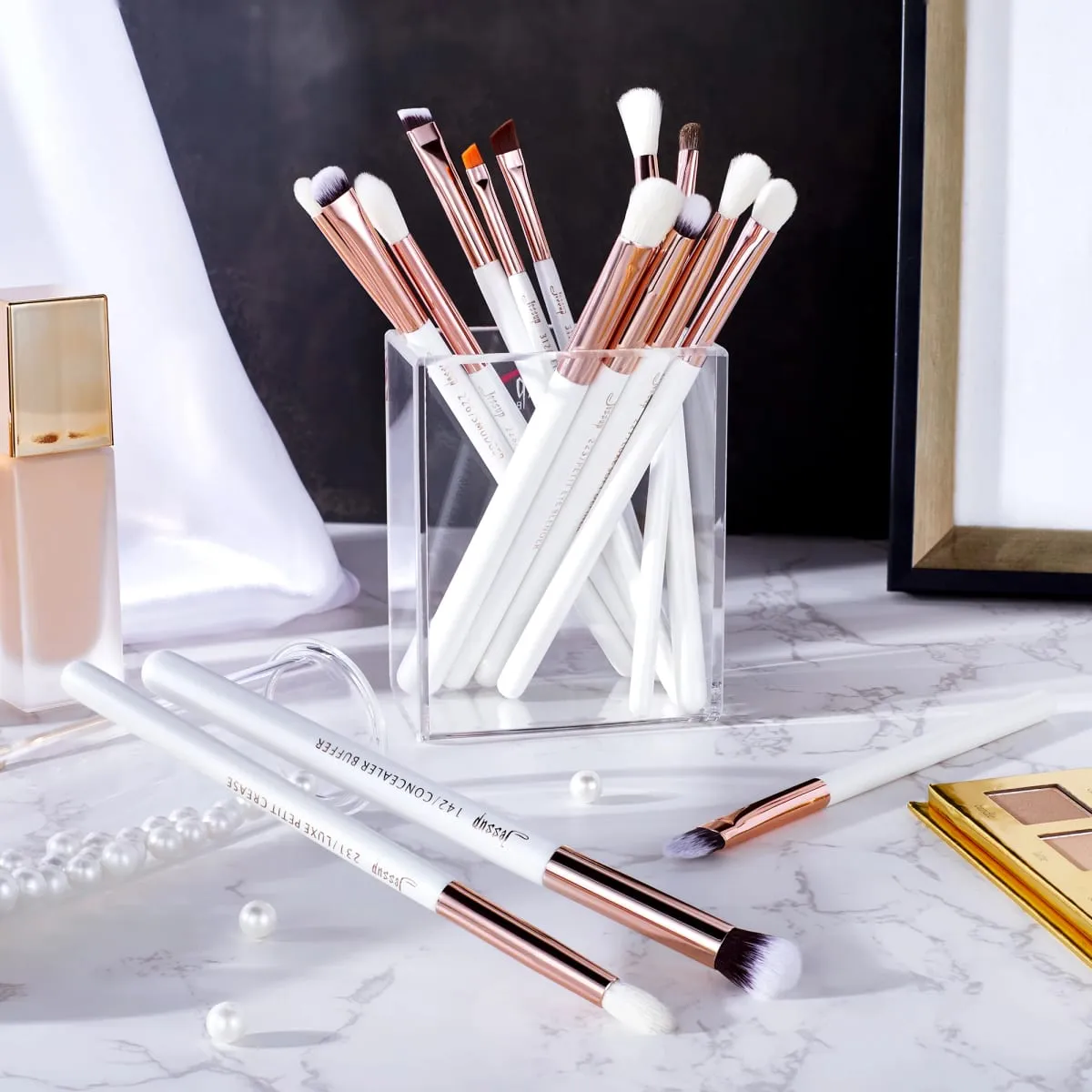 Jessup Make-up-Pinsel-Set, 15-teilig, Augenpinsel-Set, natürlich-synthetischer Lidschatten, Eyeliner, Augenbrauenmischung, Perlweiß T217