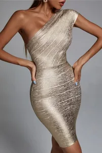 High Quality Celebrity One Shoulder Foiling Gold Print Rayon Bandage Dress Elegant Club Party Dress Vestidos