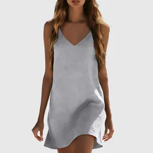 Cotton Linen Dresses For Women Summer Sleeveless V Neck Mini Dress Loose Fit Casual Beach Vacation платье летнее
