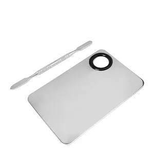 Paleta de mistura de maquiagem atualizada, bandeja de mistura de metal em aço inoxidável com espátula, ferramenta artística para base de mistura, arte em unhas