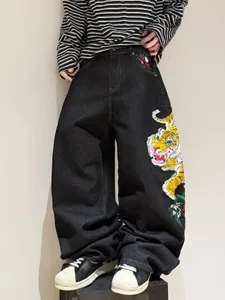 Americký retro tygr s výšivkou černé pánské volné široké džíny Y2K Street Hip-Hop Trendy všestranné kalhoty s rovnými nohavicemi