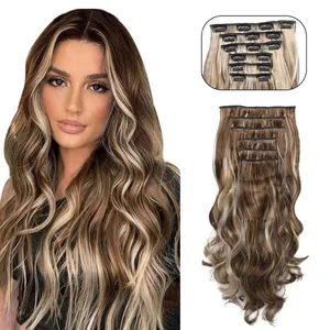 Clip in dlouhé vlnité syntetické vlasy prodlužování 24 palců černé 6ks tlusté příčesky Fiber Double Weft vlasy pro ženy