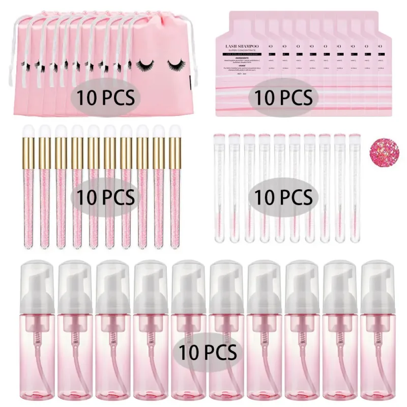 60ml Refillable Leakproof Empty Foam Pump Bottles Eyelash Extension Shampoo Kit Lash Comb Tube Cleaning Brush EVA Storage Bags