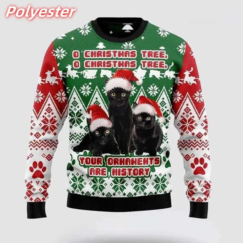 3D-gedruckter Katzen-Schneeflocken-Hoodie für Männer, Weihnachtsgeschenk-Muster, Sweatshirt, lässig, langärmelig, Pullover, Rundhals-Hoodies