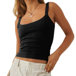 Regatas femininas de cor sólida Colete básico canelado sem mangas com decote em U Slim Fit cropped tops