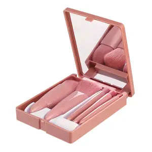Juego de brochas de maquillaje de tamaño de viaje, 5 uds., Mini brochas de maquillaje, Kit de brochas cosméticas de función completa pequeña con estuche y espejo perfecto