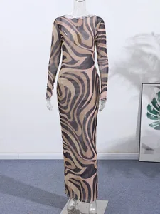 Elegant Print Mesh Long Dress For Women Sexy Deep O-neck Sleeveless Perspective Maxi Dress Lady Summer Chic Beach Robes
