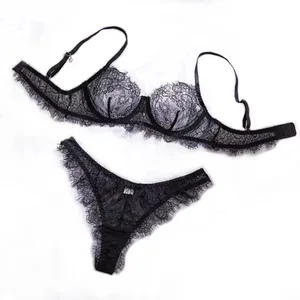 2pcs Ladies' Basic Style Thin Lace Bra And Panty Set Comfortable Seamless Single Layer Romantic Transparent Intimate Apparel