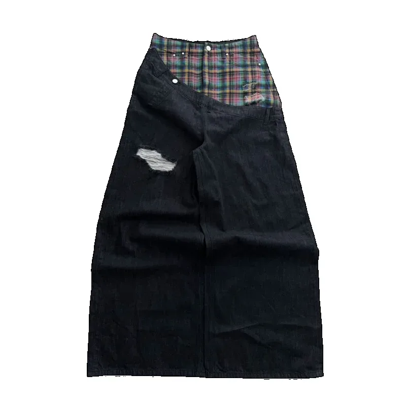Y2k Harajuku Baggy Jeans Retro Plaid Patchwork Men And Women Wide Leg Pants American Hip Hop Streetwear Casual Jeans
