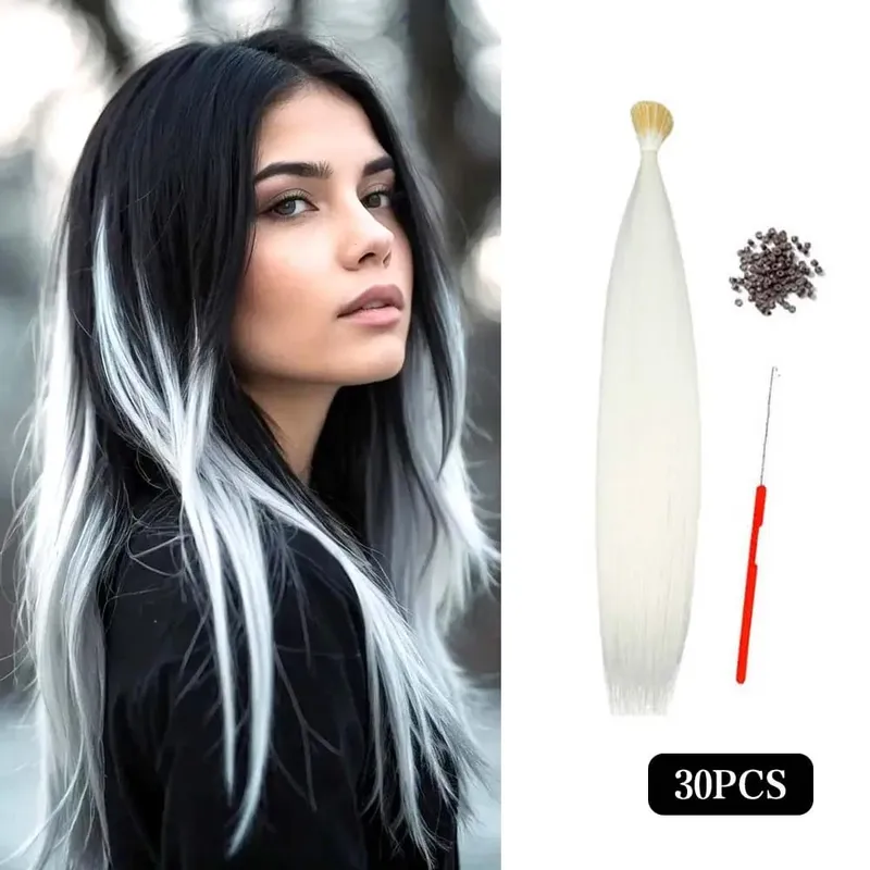 30pcs Sambungan Rambut Berwarna 16-Inci I-Tip Sambungan Sintetik. Kit gaya panjang untuk wanita ini termasuk manik dan alat mengait