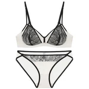 Damen-Stil, sexy Dessous-Set, dünn, kontrastierende Spitze, Patchwork, kabelloser Push-Up-BH mit doppelten Schultergurten für kleine Brüste