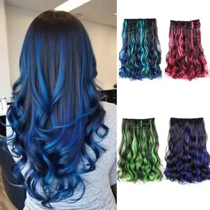 Sintético 5 clipe na extensão do cabelo encaracolado 18 Polegada encaracolado preto mix azul destaques grossos postiços de fibra de cabelo para mulher