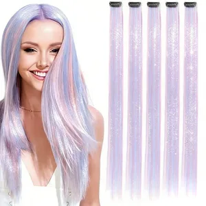 5 Stück 24 Zoll farbige Clip-in-Haarverlängerungen, lange gerade, bunte Highlights-Haarteile, synthetische Regenbogen-Haarteile für Frauen