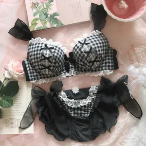 Sexy Black Plaid Lingerie Set with Push Up Bra & Steel Ring Soft Underwear for Women