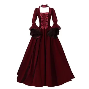 Gaun Gotik Tambal Sulam Renda Pengadilan Victoria Abad Pertengahan Kostum Pesta Cosplay Penyihir Halloween Gaun Maxi Lengan Flare Leher Persegi