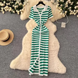 YuooMuoo-Vestit maxi de punt amb malucs atractius de moda elegant, vestit de jersei de ratlles d'un sol pit per a dones d'estiu 2026, roba de carrer