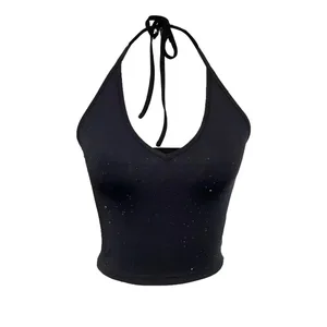 Women's Tank Top Spring Summer Black Ribbed Knit Starry Sequin Halter V Neck Sleeveless Cropped Slim Casual Daily Top