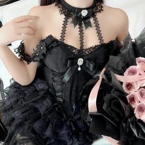 Gaun Lolita Manis Victoria Jepang Gaun Mini Pesta Malam Leher Halter Renda Busur Y2k Harajuku Wanita Deess Hitam Merah Kawaii