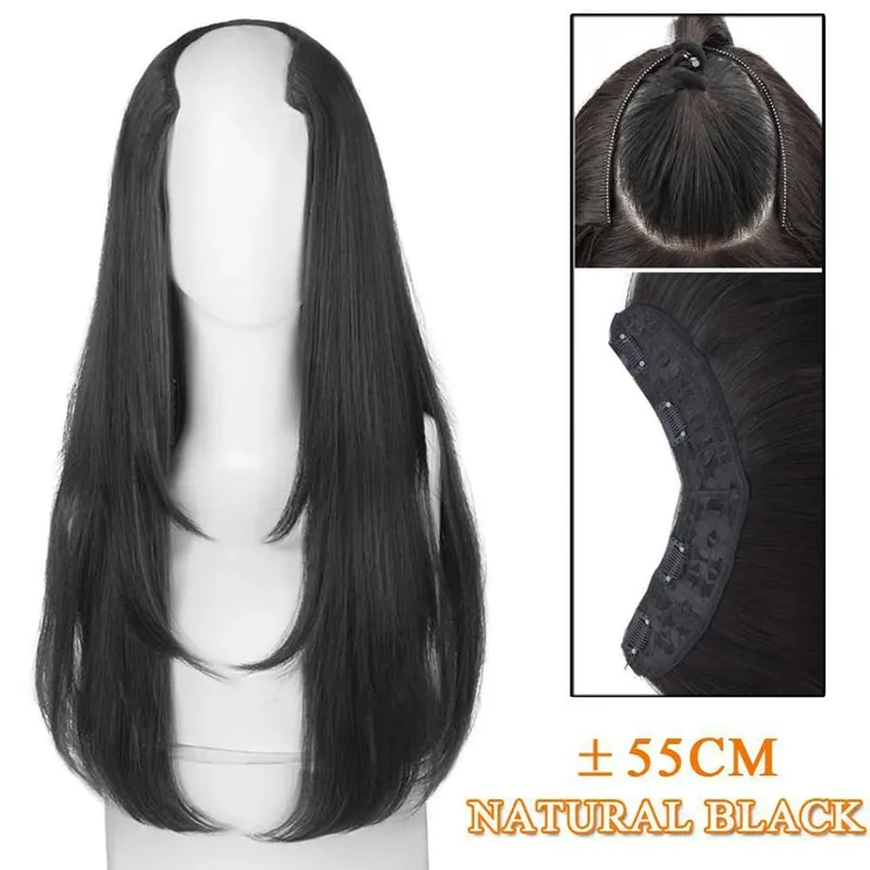 Perruque synthétique longue bouclée Invisible en forme de U, sans trace, avec boucle intérieure, Extension pour filles, fête quotidienne, noël, Halloween