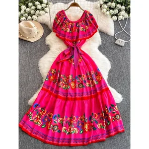 French Court Floral One Shoulder Summer Dress with Waist Tie for Slimming and Graceful Look
