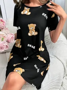 Vestit de llargada mitjana amb estampat d'ós de moda primavera/estiu per a dona - Apte per a la roba diària