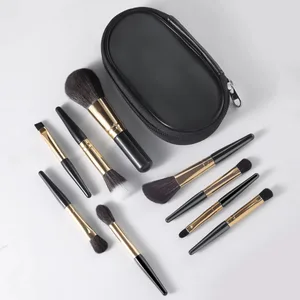 Set Kuas Rias 9 Buah Portabel Minimalis dengan Tas Penyimpanan Kuas Kosmetik Portabel untuk Perlengkapan Riasan