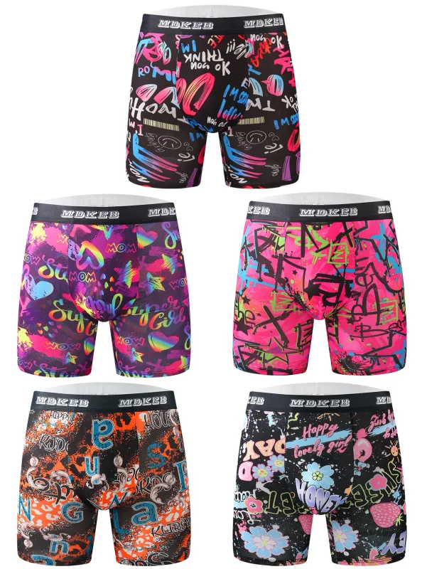 Tiendelige lange boxershort voor heren met graffitipatroon, ademend en comfortabel, lange boxershort met hoge elasticiteit, boksen