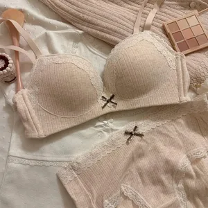 Sweet Girl Lace Edge Floral Bra Set Women Non-steel Ring Beauty Back No Steel Hoop Anti Sagging Underwear Cotton Comfortable Bra