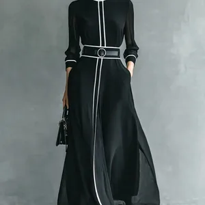 French Elegant Chiffon Maxi Dress High Neck Long Sleeve with White Piping Trim Ideal for Office Business Banquets & Parties