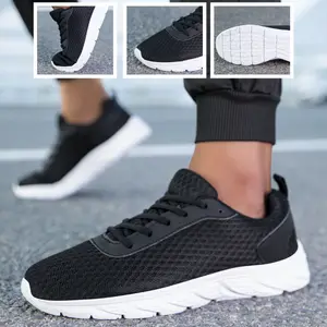 Solid Black Mens Athletic Shoes Hollow Mesh Upper Non Slip Light Sole Jogging Training Casual Daily Travel Outdoor Sport Footwea
