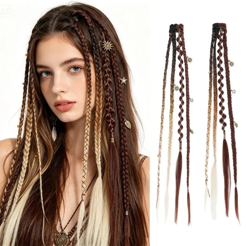 Kẹp trong bím tóc 2 CHIẾC 20Inch Phần mở rộng Dreadlock với Hạt & Dây Xích Viking Boho Bím Tóc cho Lễ Hội Cosplay Hàng Ngày Tạo Kiểu