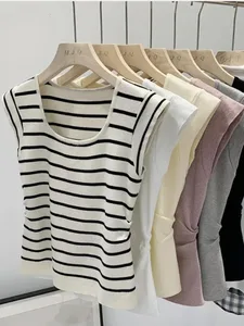 2026 Summer Spring Striped Tank Tops Women Sleeveless Knitted T-Shirts Crop Tops Female Elastic Slim Casual Vests Pullover Camis