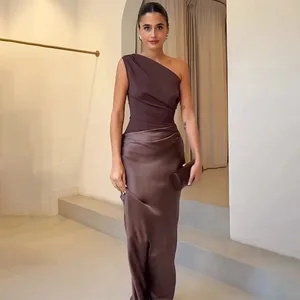 Patchwork Satin Sexy Dress Women One Shoulder Brown Sleeveless Evening Maxi Dress 2025 New Summer Elegant Party Clubwear Dresses