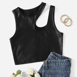 PU Leather Tank Tops Babae Sexy Black Bustiers Deep V-Neck Spaghetti Strap Corset Vest Nightclub Cropped Tops Women Vest