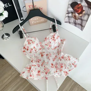 Sexy Slim Corset ruffle print Chic Korean Camis Tank Top Basic Fashion Off Shoulder Summer Women Clothing