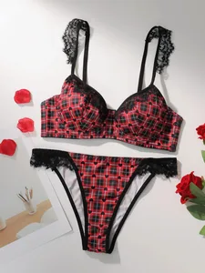 Women Plaid Heart Print Lingerie Set Lace Spaghetti Strap Bra And Panty Set Soft Comfortable Ladies Intimate Sleep Underwear Set