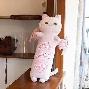 60cm 귀여운 고양이 몸 베개 박쥐 날개 플러시 장난감과 벚꽃 고양이 Kawaii 부드러운 잠자는 베개 쿠션 소녀 생일 선물