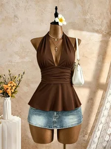 Mulheres Halter Decote V Profundo Sem Mangas Peplum Regata Envoltório Cintura Ruched Bainha Flare Slim Fit Y2K Blusa Cami