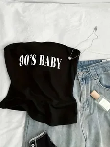 90s Letter Printed Trendy Casual Fashion Tube Top Women's Top Tee Kawaii Y2k Strapless Top Summer Lady Vest Hip Hop Shirt