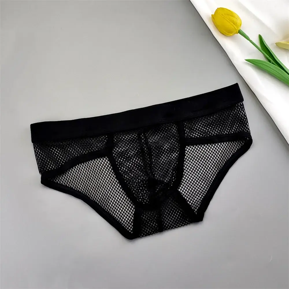 Ropa interior con bolsa en U de malla calada para hombre, calzoncillos de Bikini transparentes de cintura baja, bragas transpirables de talla grande