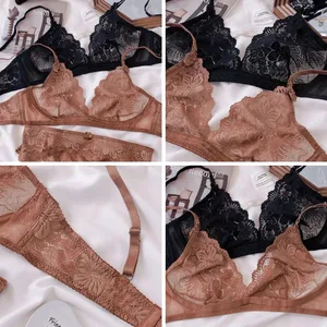 Sexig svart spetsunderkläderset för kvinnor Bekväm trådlös bh och trosset stor storlek