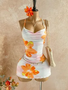Women Thin Strap Cowl Neck Pink Floral Print Side Ruched Ruffle Hem Mini Bodycon Dress 2026 Summer Tropical Beach Y2K Going Out
