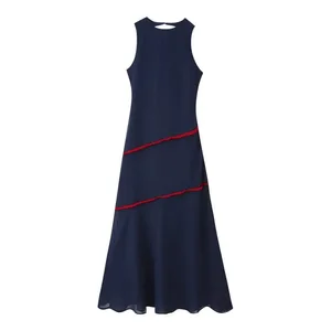 European Style Summer Sleeveless Maxi Dress Women Halter Neck Backless Contrast Ruffle Trim Elegant Long Dresses for Daily