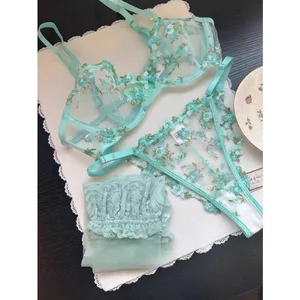 European Women Alluring Sheer Lace Embroidery Underwire Bra Big Bust Support Minimize Anti‑Sagging Soft Lingerie S‑XL Bra Set