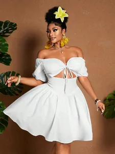 Plus Size Women One-Shoulder Waist-Tie Bubble Sleeve Dress Summer Vacation Style Casual Short Dress Plain Pattern
