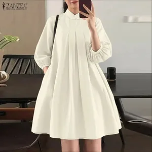 Summer Women's Elegant Pleated Dresses Stand Collar 3/4 Puff Sleeve Crinkled A-Line Knee-Length Dress Casual Robes Femme