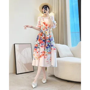 Miyake Elegant Plant Floral Printing Pleated Women's Dress Chic New Round Collar Lantern Sleeve Elastic Loose Casual Dresses