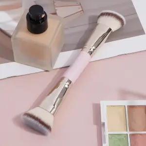 Brochas de maquillaje de doble cabezal 2 en 1, base plana/angulada, corrector de contorno, para mezclar polvos sueltos, crema líquida