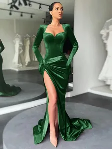 Cryptographic Elegant Gown Long Dress Evening Club Outfits for Women Gloves Sleeve Velvet Sexy Slit Maxi Dresses Ruched Dresses
